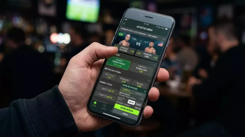 Smartphone a mostrar interface de apostas ao vivo durante evento UFC