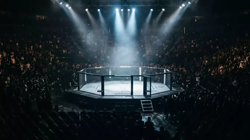 Octógono iluminado para o combate principal de um evento UFC