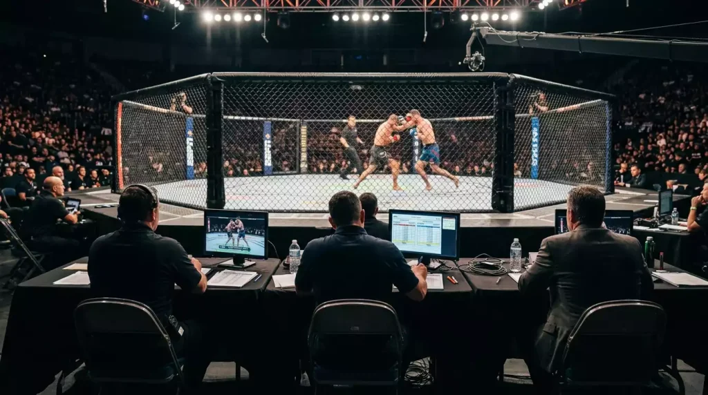 Juízes do UFC a avaliar um combate desde a sua posição junto ao octógono