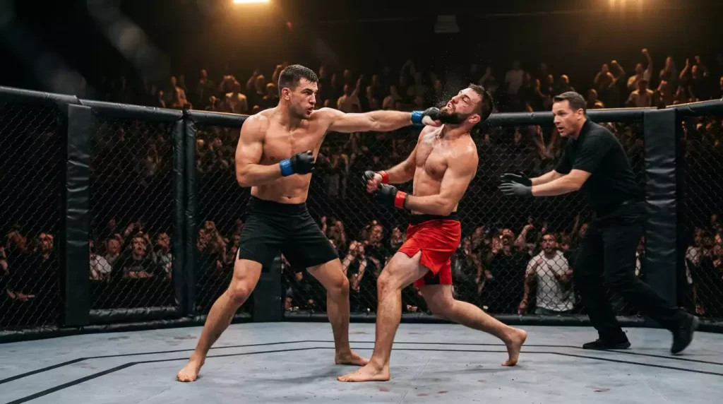 Momento de nocaute num combate UFC com o árbitro a intervir