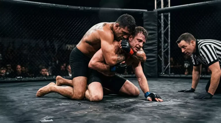 Lutador a aplicar uma submissão de triângulo durante um combate UFC