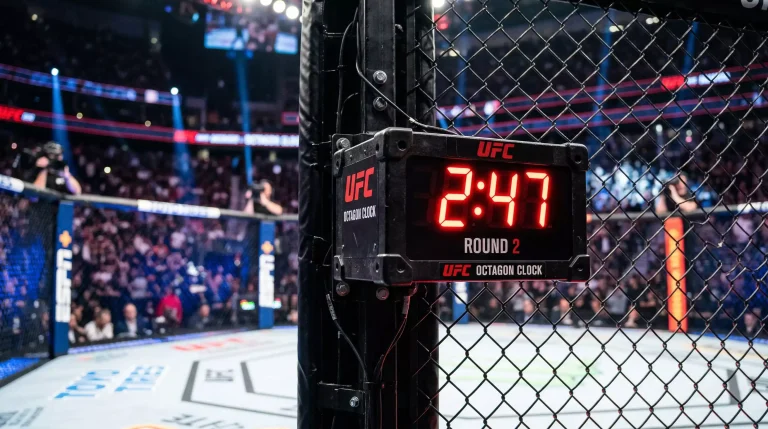 Relógio do octógono a mostrar tempo de round durante combate UFC