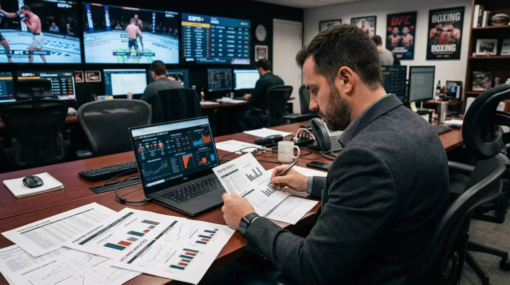 Analista a estudar estatísticas de lutadores UFC para formar previsões