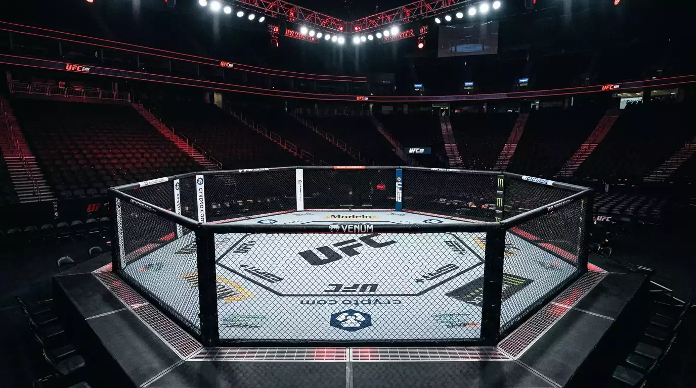 Octógono UFC com iluminação em arena para apostas em Portugal